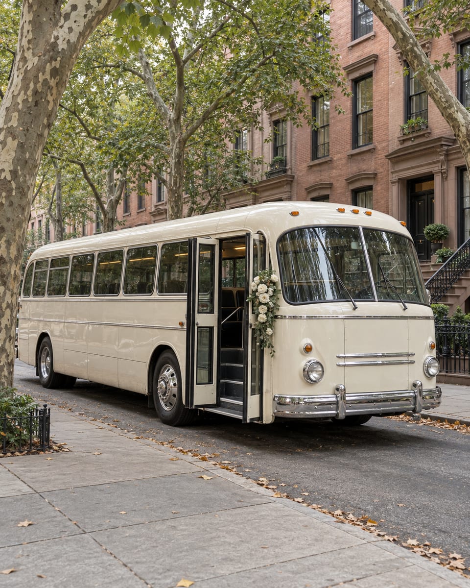 A cream-coloured vintage shuttle bus for wedding guests parked at the curb of a tree-lined street of brick rowhouses, its folding door open