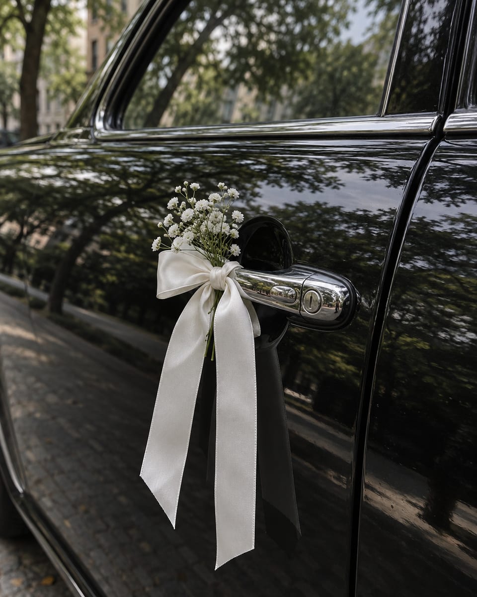 A white satin ribbon tied in a bow on the chrome door handle of a black classic car, a sprig of white flowers tucked into the knot
