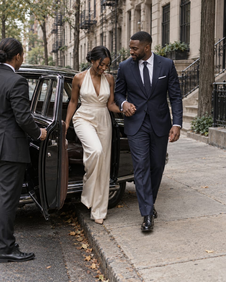 A chauffeur in a dark suit holds open the door of a black vintage car for a woman in a champagne jumpsuit and a man in a navy suit stepping onto a sidewalk of prewar buildings