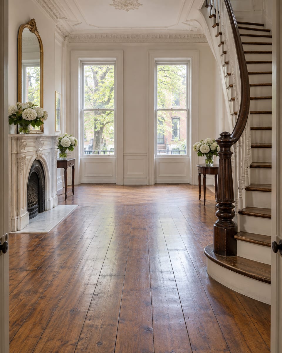 Empty parlor of a restored brick townhouse with a curved staircase, a white marble fireplace, tall windows and white hydrangeas on side tables