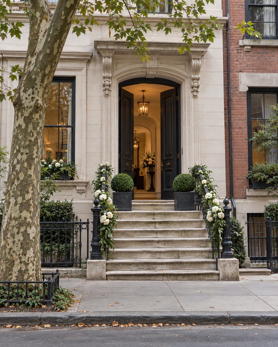 The limestone front of a small townhouse venue on a quiet street, its wide door open, potted boxwood topiaries on the steps and white flowers along the iron railing