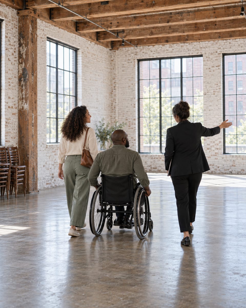 A venue coordinator in a dark blazer shows a couple around an empty loft event space with whitewashed brick walls and big windows, one partner in a manual wheelchair