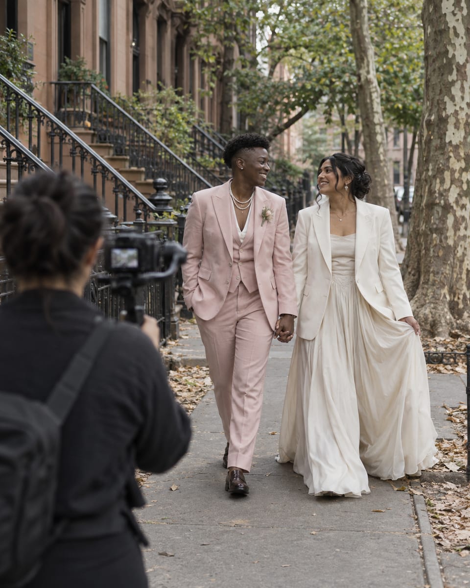 A videographer walks backwards with a gimbal camera, filming two people in a pale pink suit with pearls and a flowing skirt with a cream blazer walking hand in hand past brownstones
