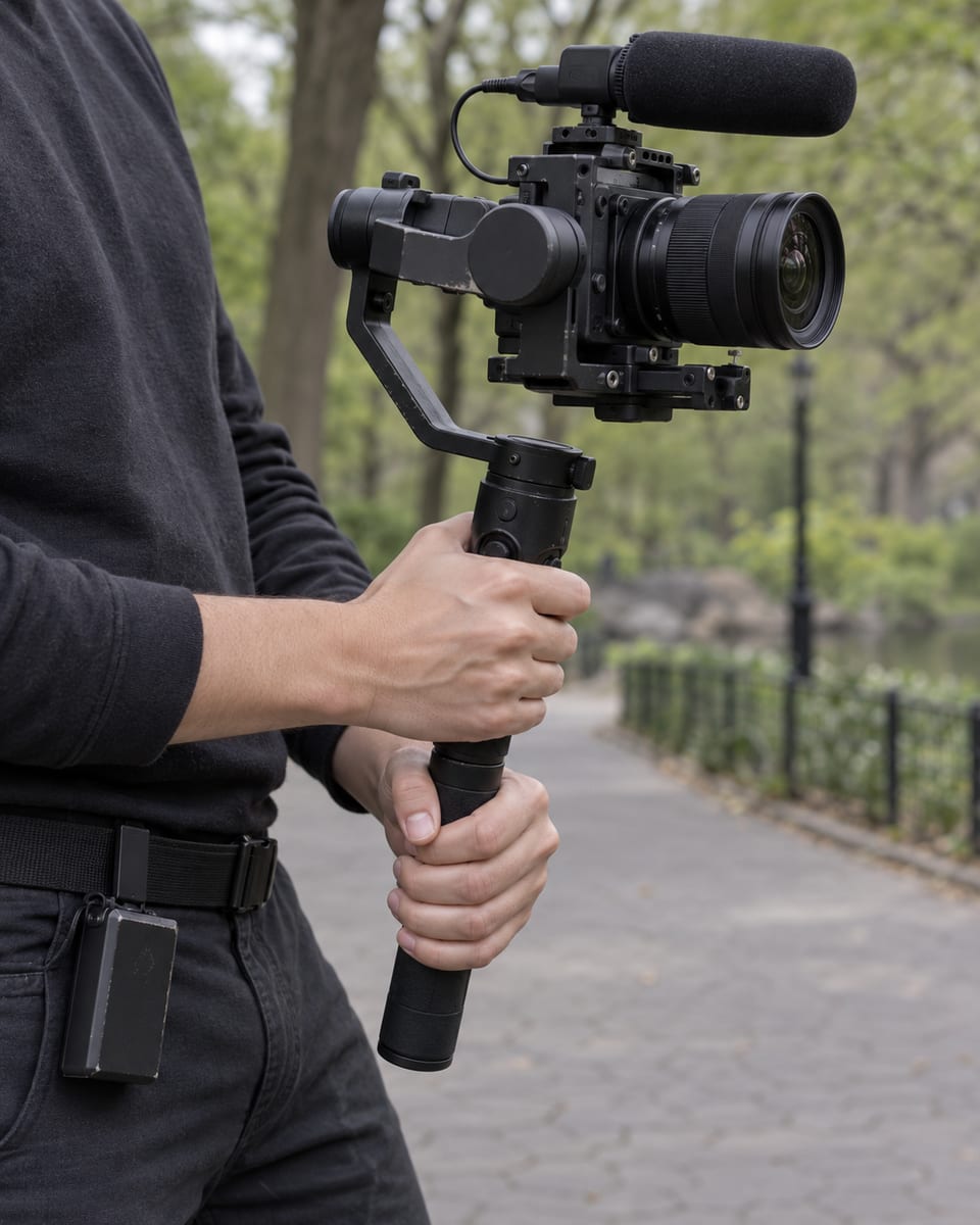 Hands of a videographer on a handheld gimbal carrying a small unbranded cinema camera with a microphone on top, a spare battery clipped to the belt