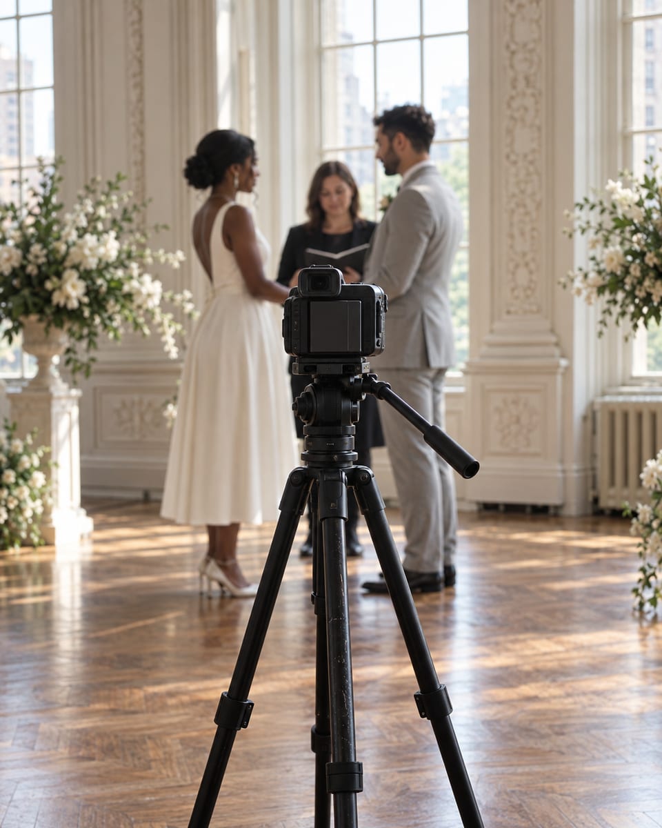 A small video camera on a tripod in focus at the side of a ceremony, recording a woman in an ivory dress and a man in a light grey suit exchanging vows beyond