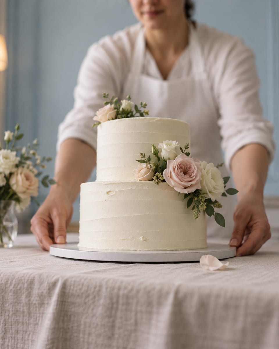 Baker setting a small two tier white cake with fresh flowers on a cloth covered table, face out of focus