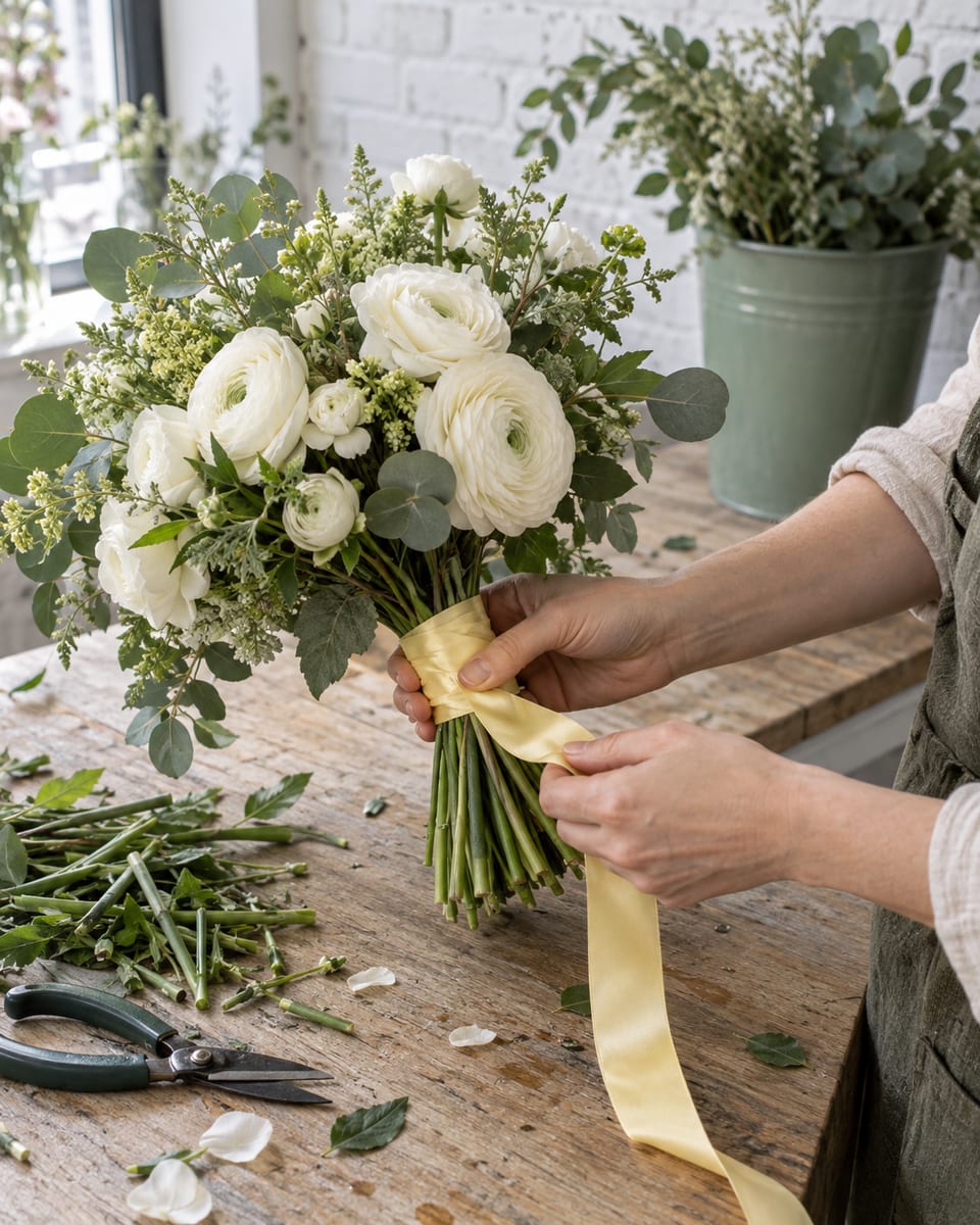 Florist hands tying a bouquet of white ranunculus and green foliage with silk ribbon over a wooden worktable