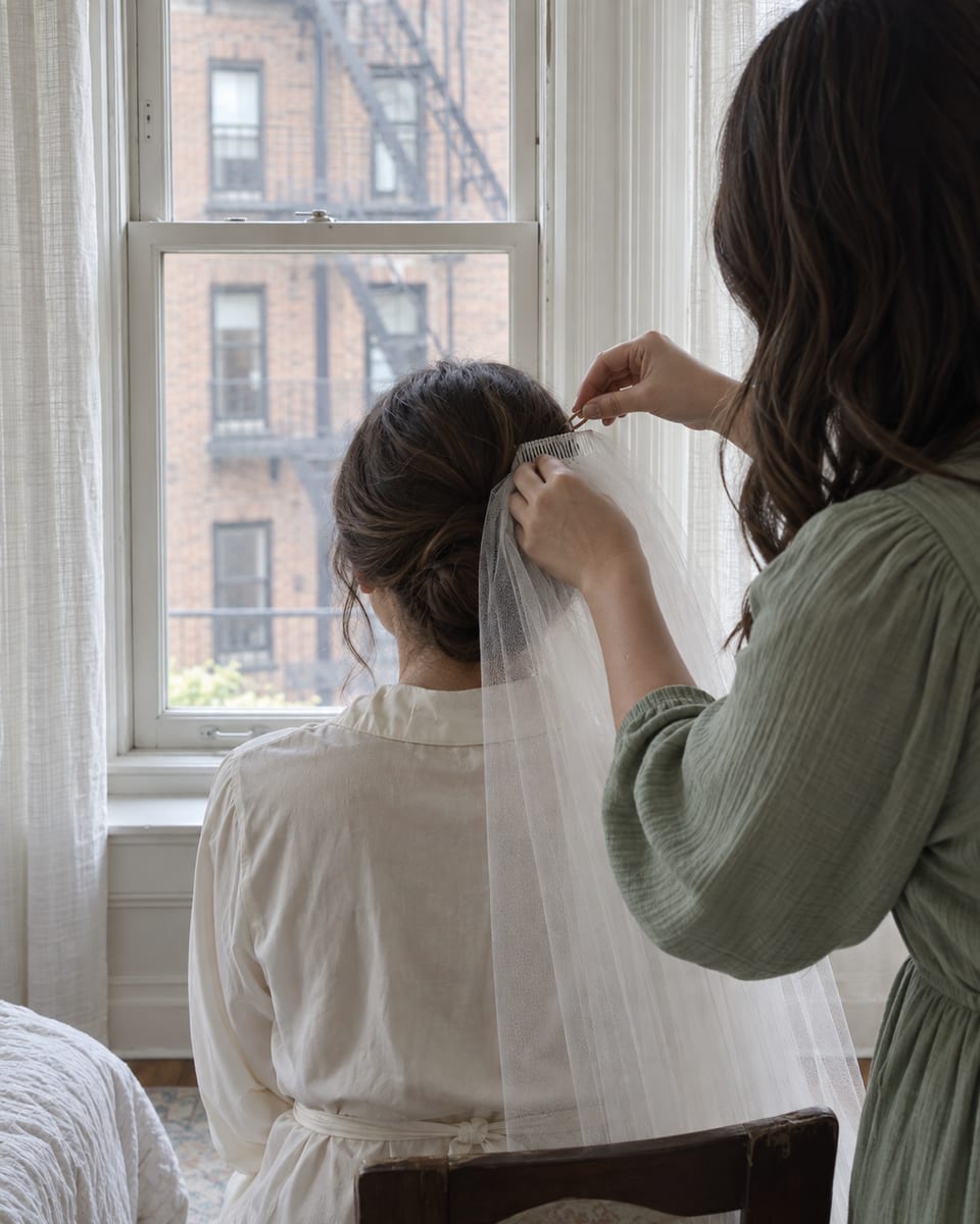 Hair stylist pinning a short veil into a person's hair beside a tall window, both seen from behind