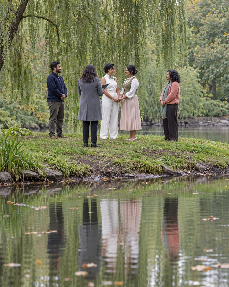 Officiant with two people with warm tan skin, one in a white jumpsuit with a silk bow tie and one in a pleated midi skirt with a waistcoat, beside a pond with weeping willows, two witnesses nearby