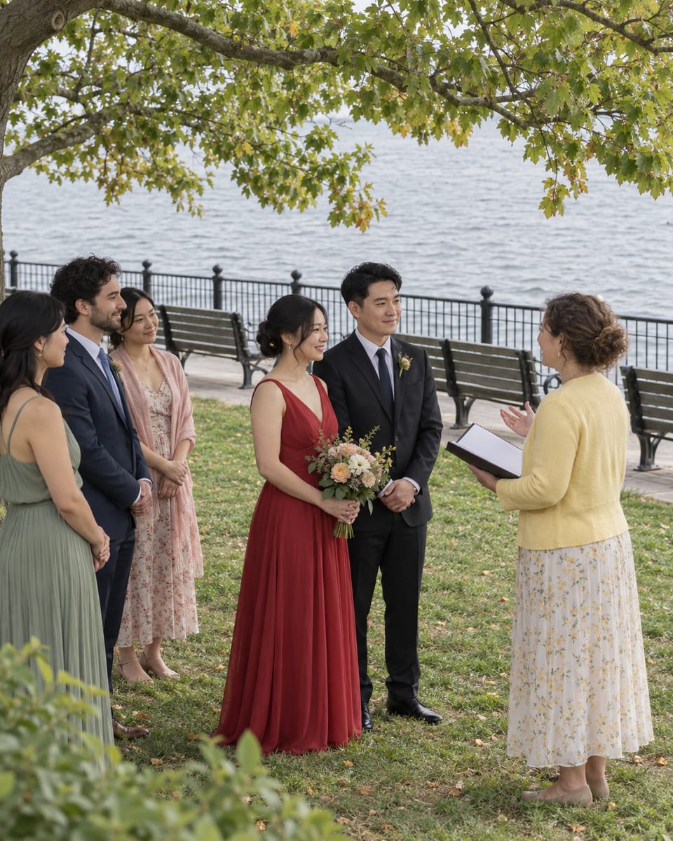 Officiant speaking to a woman in a red dress and a man in a black suit, both with light skin, and a few guests under a tree on a waterfront park lawn, with benches and a river beyond