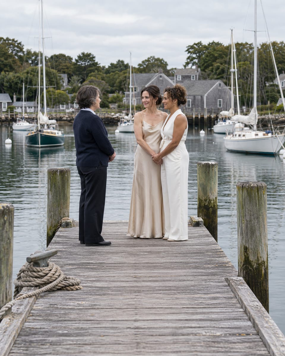 Officiant with two women, one with pale skin and one with golden brown skin, in a champagne slip dress and a white jumpsuit at the end of a marina dock, sailboats moored behind them