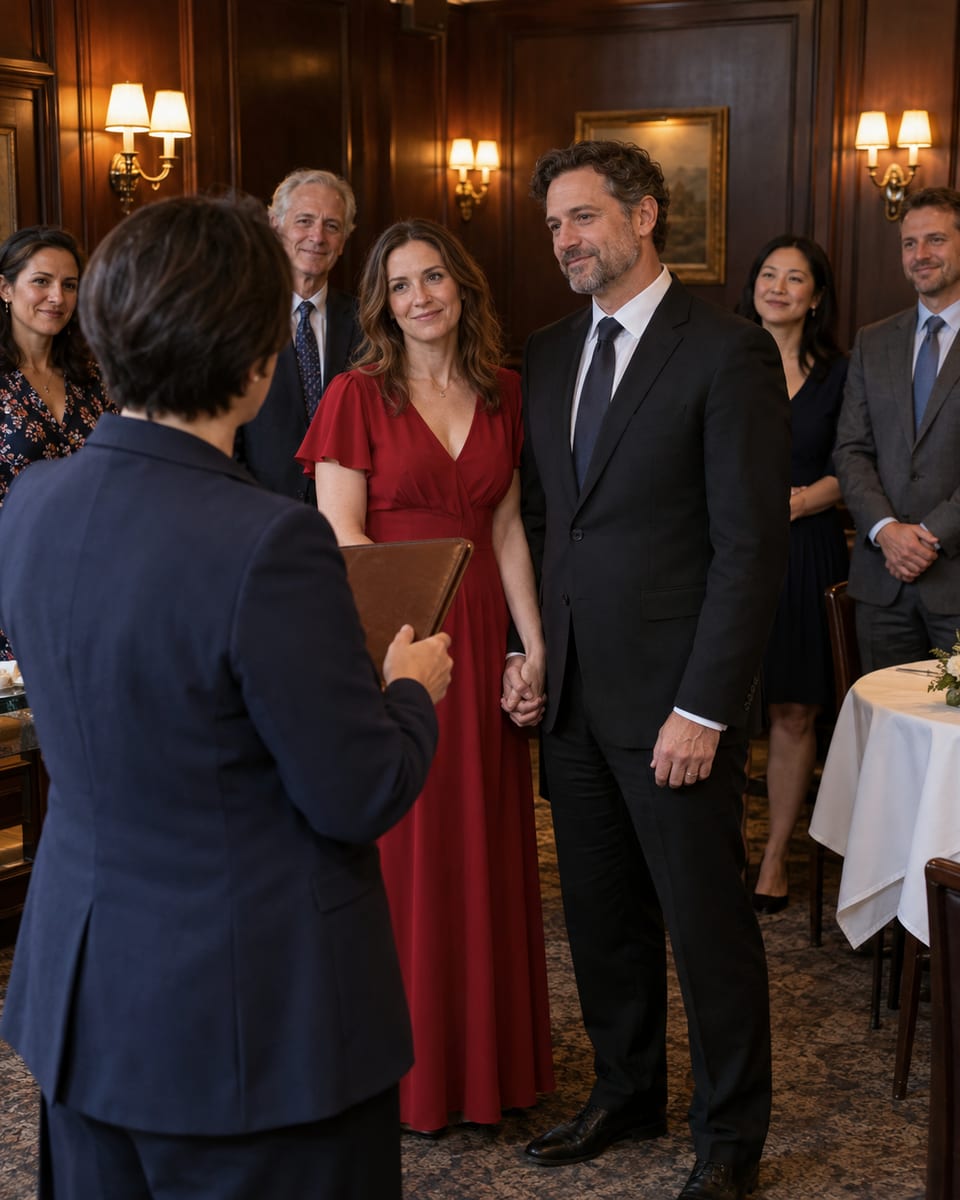 Officiant holding a closed leather folder facing a woman and a man with fair skin, in a red dress and a black suit, with four standing guests in a wood paneled dining room