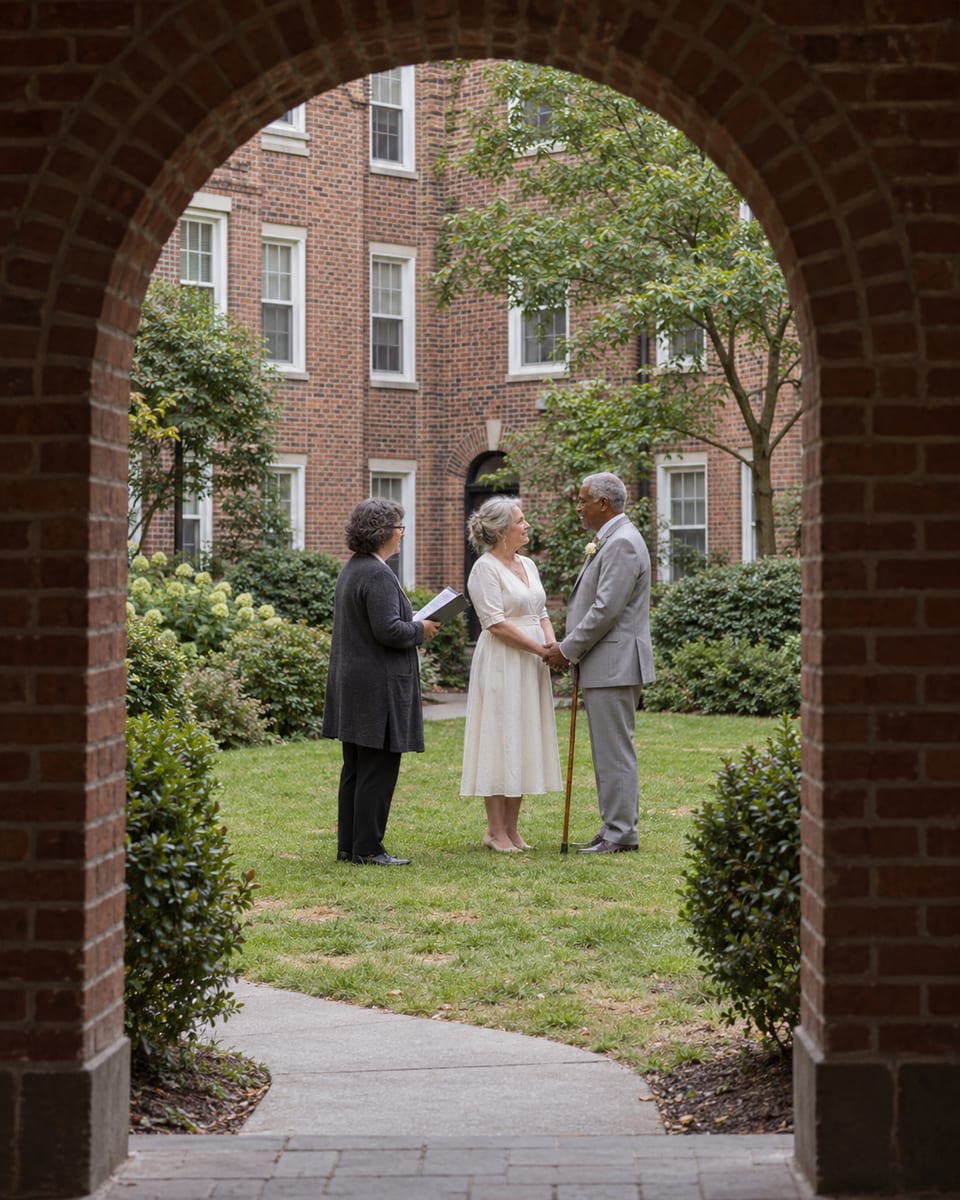 Officiant with a woman and a man, she with fair freckled skin and he with medium brown skin, in an ivory midi dress and a light grey suit, one of them with a cane, on a courtyard lawn seen through a brick archway