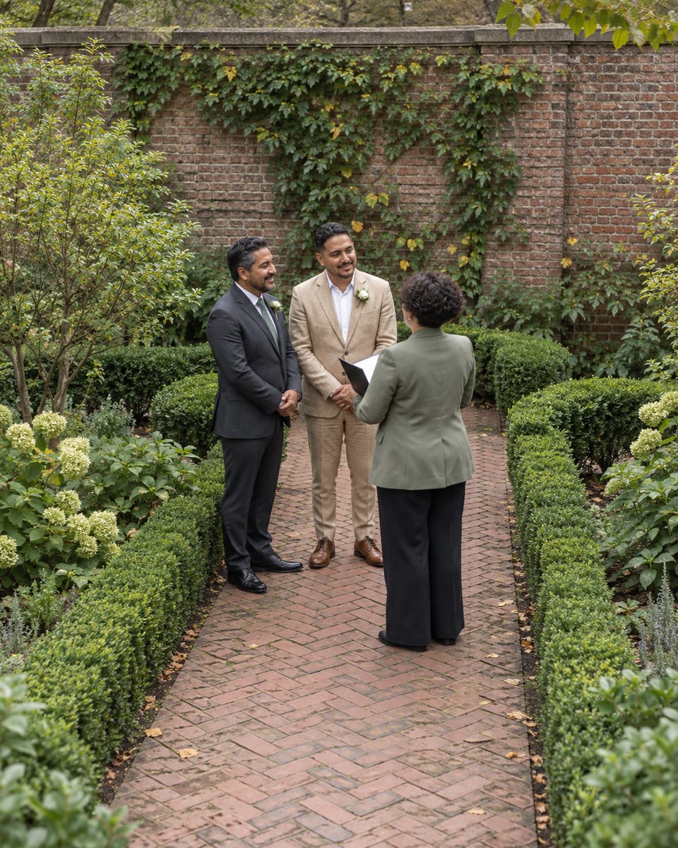 Officiant with two men with golden brown skin, in a charcoal suit and a tan linen suit, on the brick path of a walled formal garden edged with low boxwood hedges