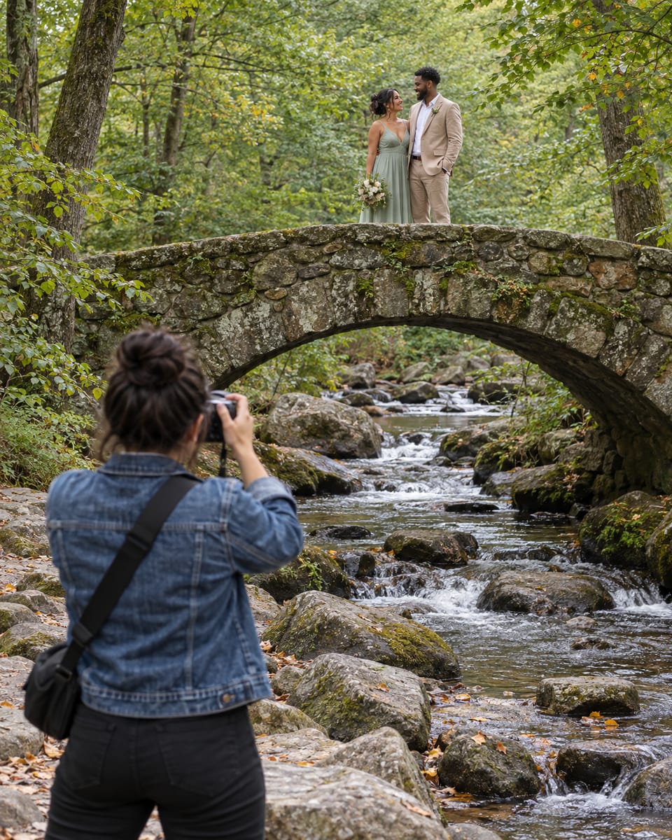 Photographer seen from behind taking pictures of a woman in a sage green dress and a man in a light tan suit, one with warm tan skin and one with dark brown skin, on a low stone bridge over a small river in woods