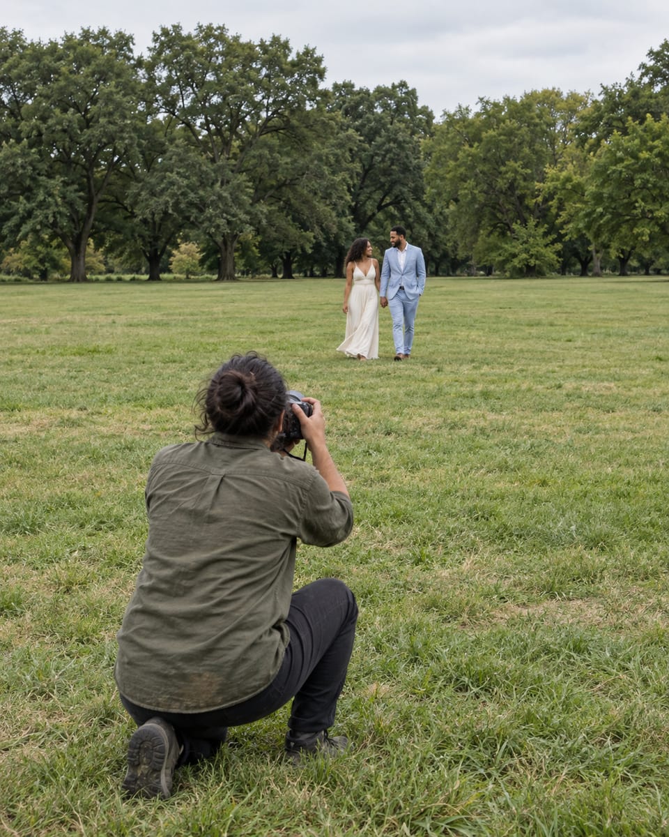 Photographer kneeling in the grass seen from behind, photographing a woman and a man with medium brown skin in a cream dress and a pale blue suit on a long meadow with big old trees