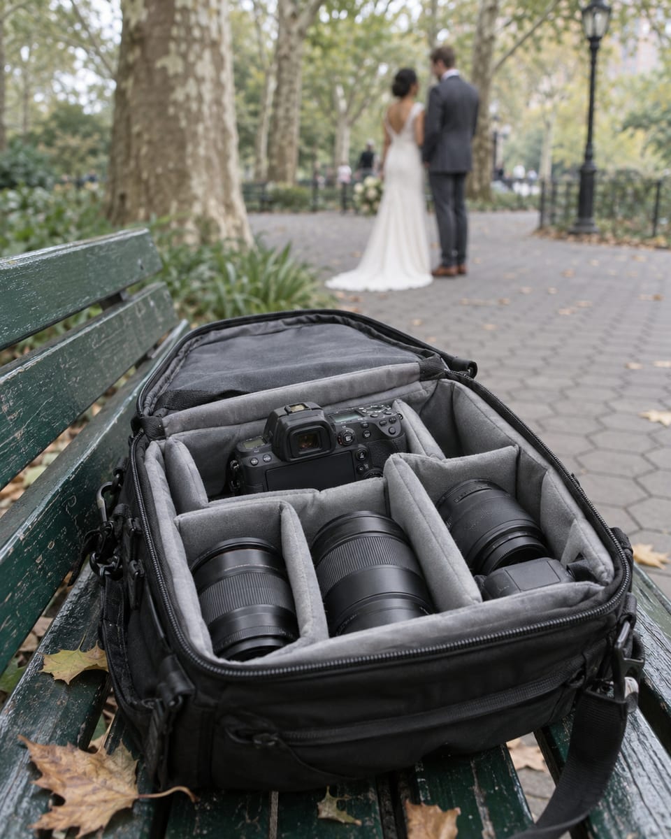 Open camera bag on a green park bench holding two cameras and lenses, with a woman and a man in wedding clothes blurred on the path behind