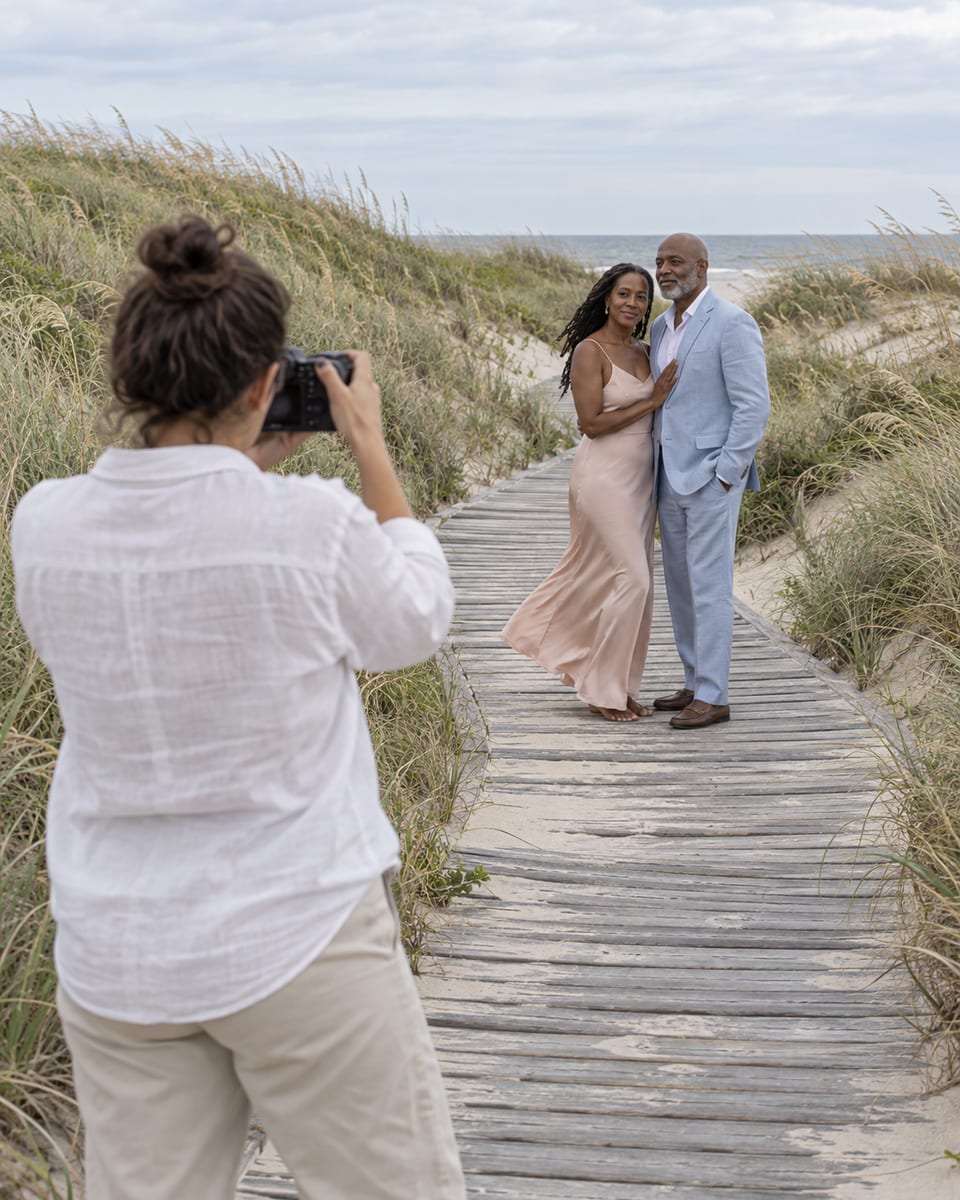 Photographer seen from behind taking pictures of a woman in a blush slip dress and a man in a pale blue suit, both with deep brown skin, on a wooden dune boardwalk between beach grass