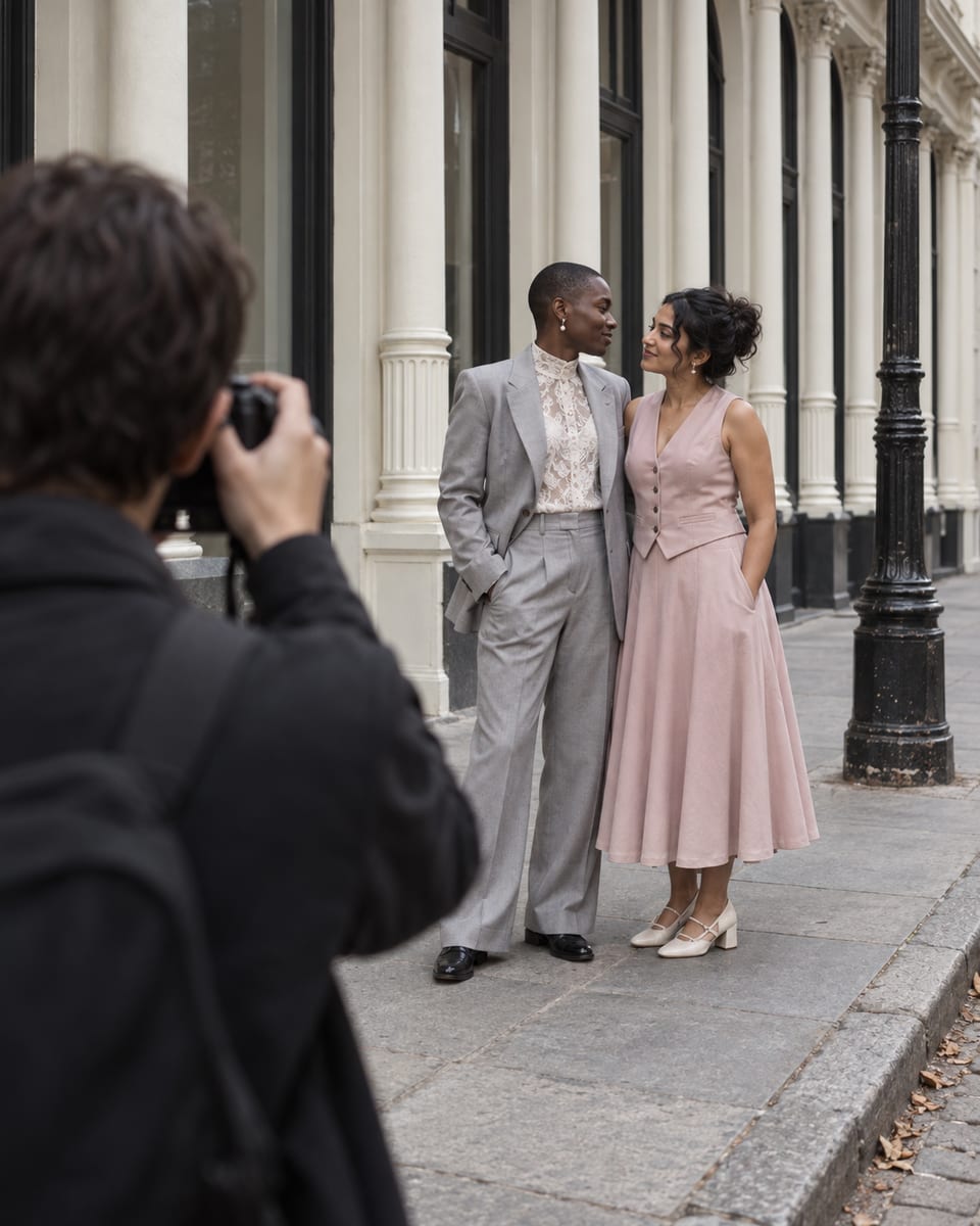 Photographer seen from behind taking pictures of two people, one with dark skin and one with light tan skin, in a pale grey suit and a blush pink skirt with a waistcoat, in front of an ornate cast iron facade