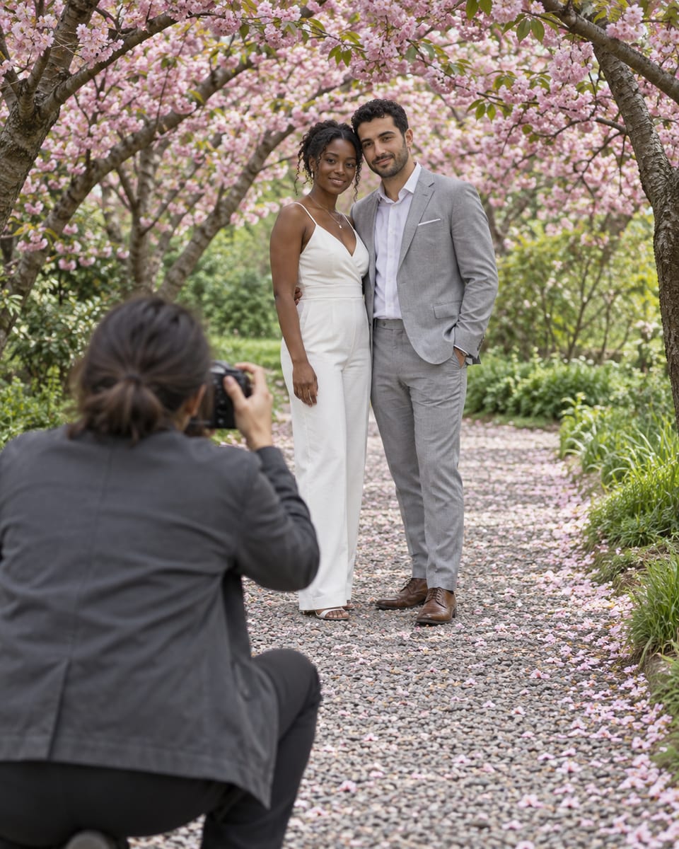 A woman and a man, she with deep brown skin and he with light olive skin, in a white jumpsuit and a pale grey suit among flowering cherry trees on a garden path, a photographer kneeling in the foreground seen from behind