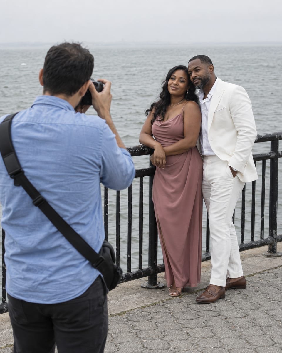 Photographer seen from behind taking pictures of a woman and a man with dark brown skin, in a dusty rose dress and a white suit, by the black iron railings of a waterfront promenade
