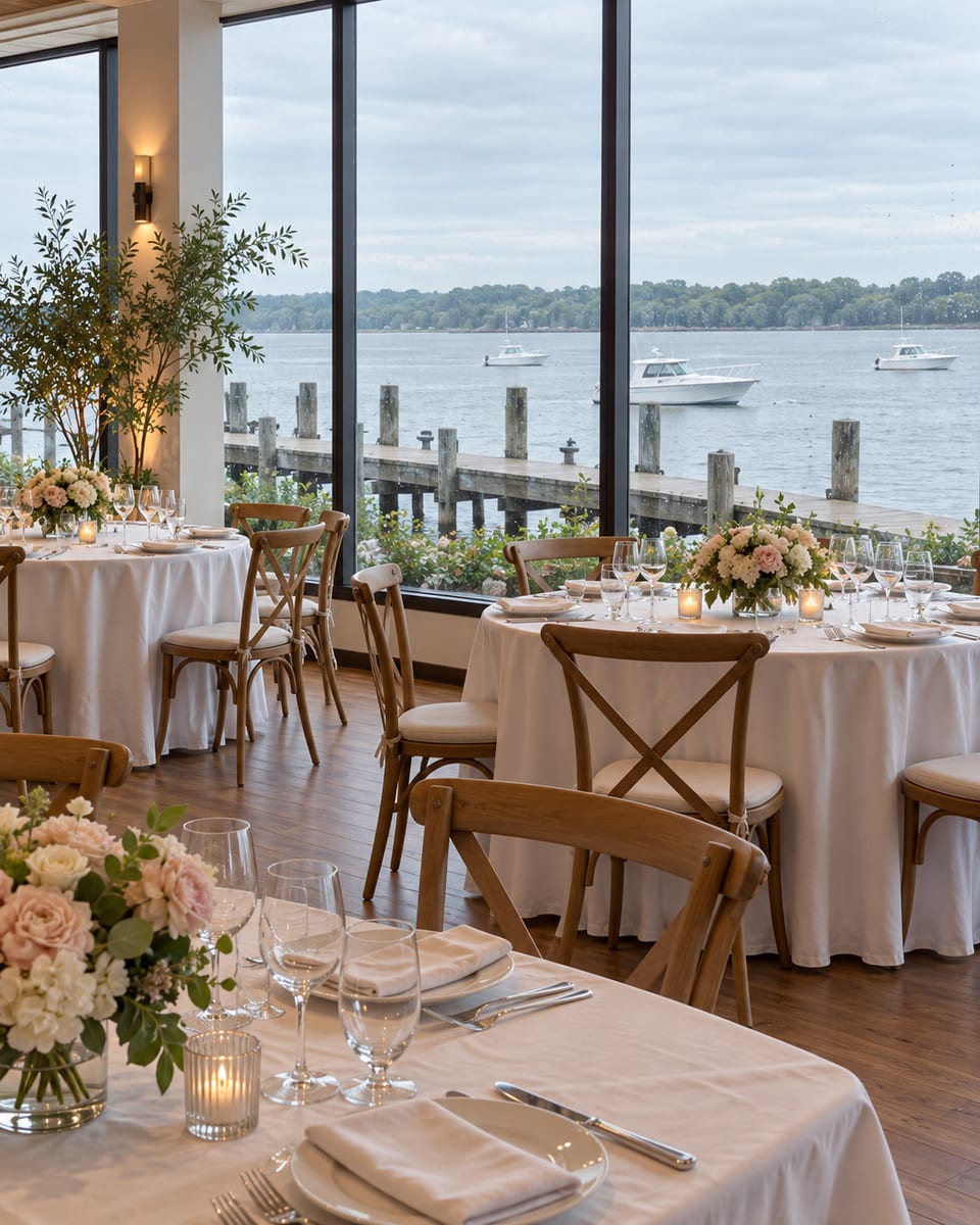 Waterfront restaurant banquet room with tables in white linen and windows looking onto water and small boats