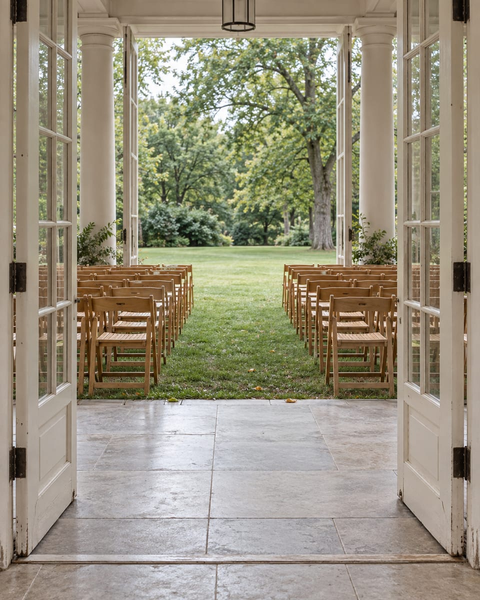 Park pavilion hall with tall French doors open to a lawn and rows of wooden chairs set for a ceremony