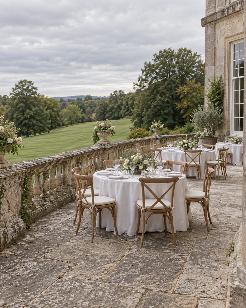 Stone terrace of a historic mansion with a balustrade overlooking a lawn, tables set for a reception