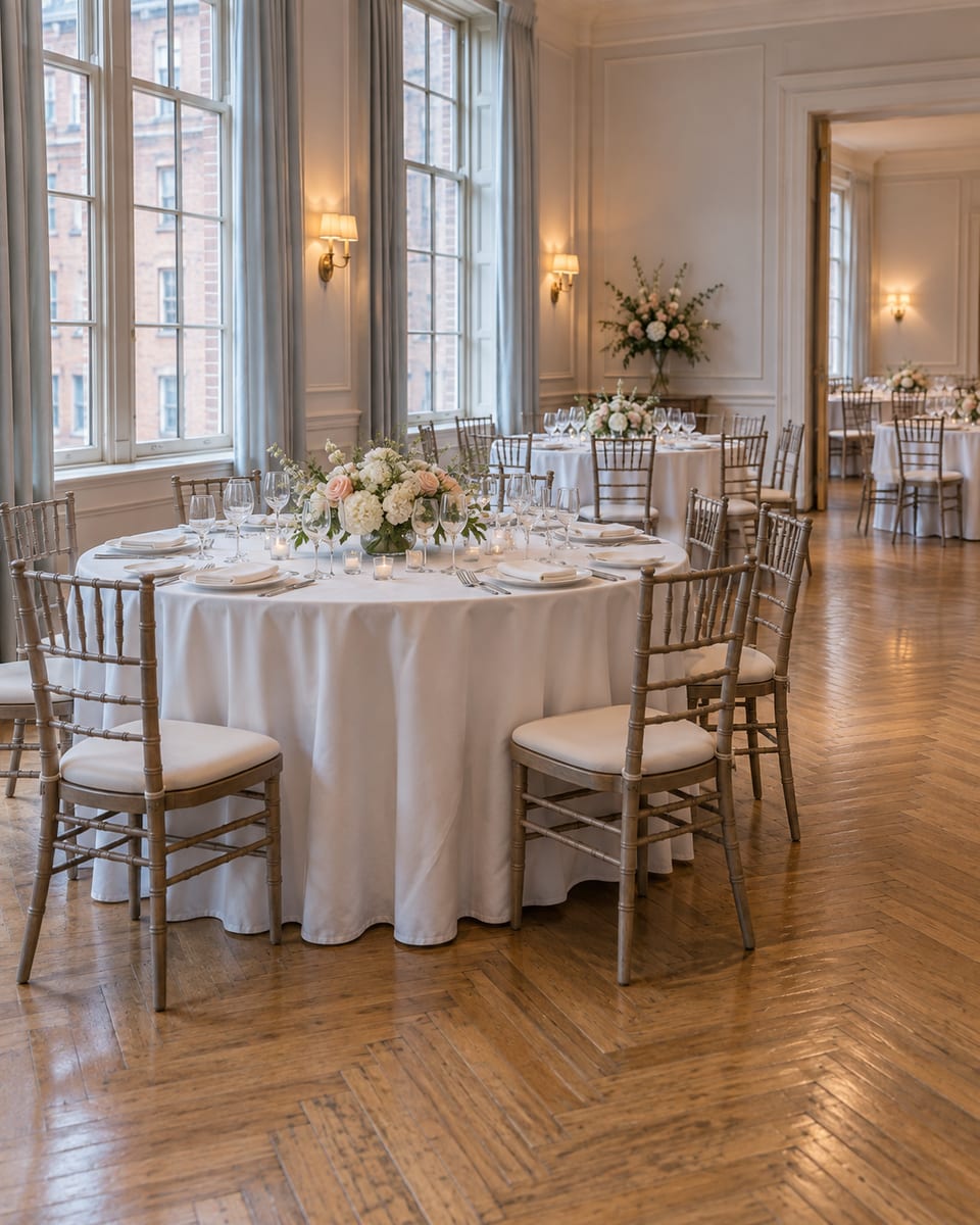 Empty hotel event room with tall windows, a parquet floor and round tables set with white linen and low flowers
