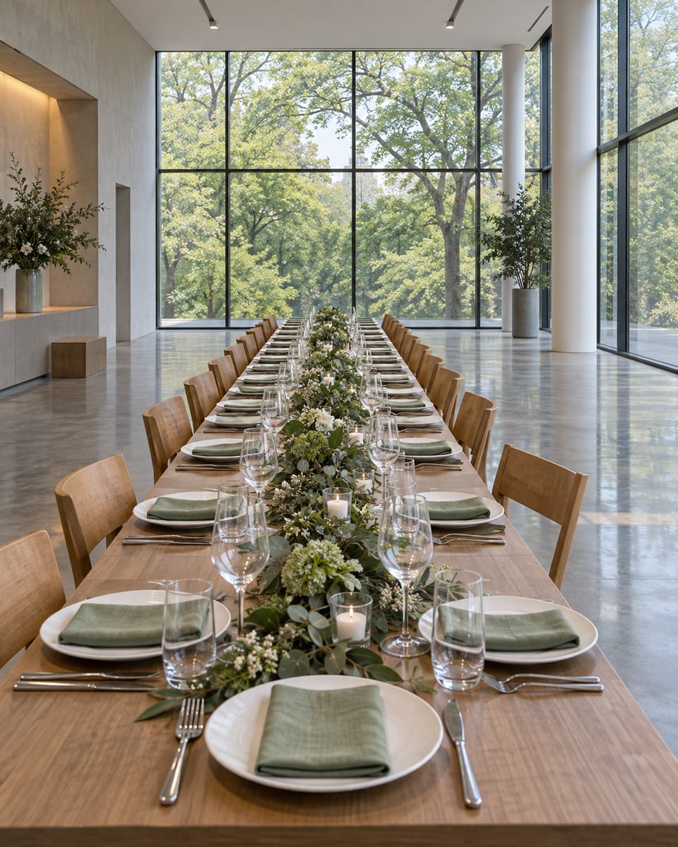 Museum event hall with a polished concrete floor, a long dinner table and large modern windows onto park trees