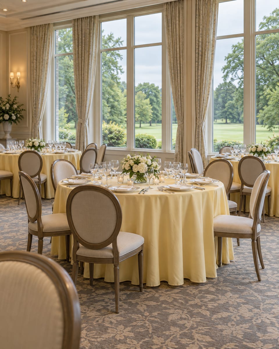 Country club ballroom with round tables set and tall windows looking onto a green lawn and trees